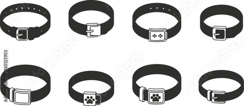 Collection of black dog collars with different buckles on transparent background silhouette