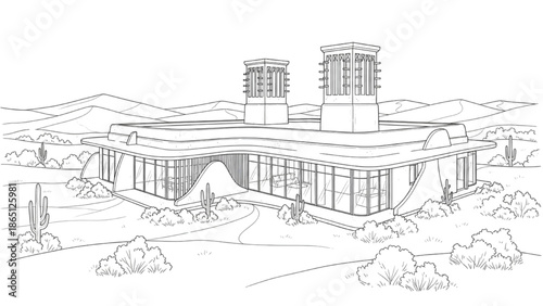 High-Quality Black Line Art of Desert Eco-Home with Wind Towers for Natural Ventilation