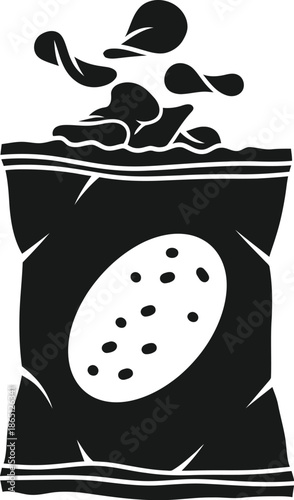 A black silhouette of a potato chip bag with scattering chips on transparent background