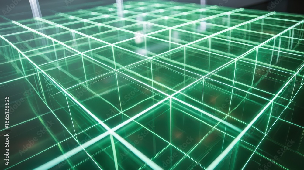 Obraz premium Optical interference grid luminous green laser beams intersecting through transparent glass creating geometric cubic structures with precise angular patterns depth perspective