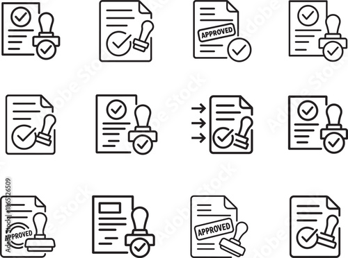   Business decision approval outline icon set with stamp symbol for corporate review, authorization and workflow use.
