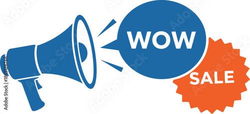 Blue megaphone with wow message and sale tag on transparent background silhouette