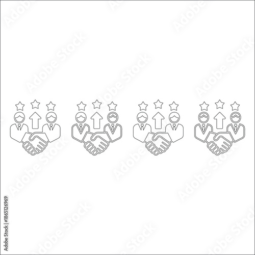 Business partnership and successful deal icon set showing two businessmen shaking hands under stars with upward arrow representing career development