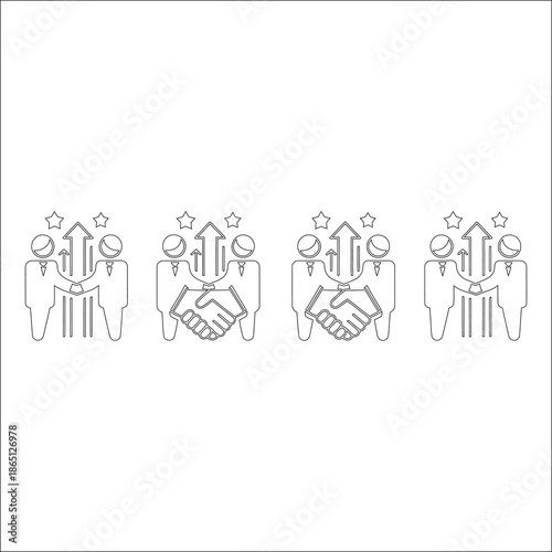 Business success collaboration icon set showing partnership with two businessmen shaking hands teamwork and rising arrows toward stars on white background