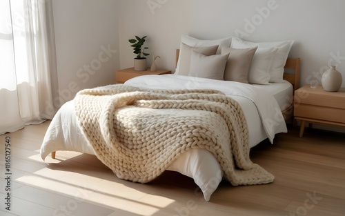 Cozy bedroom with knitted blanket
