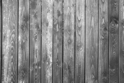 Quadro su tela Weathered gray wood planks with peeling paint show rustic texture and detail, ideal for background or design texture of a deck floor made of aged wooden planks with faded gray color, grain small gaps