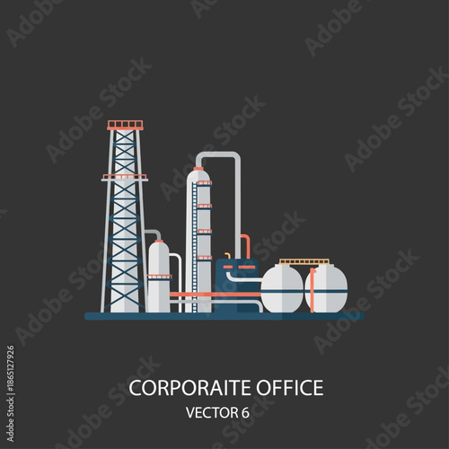 Flat design illustration of an industrial oil refinery or chemical plant with towers, tanks, and pipes on a dark background.