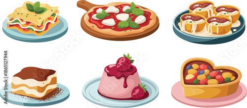 Gourmet Italian food collection featuring classic lasagna, margherita pizza, creamy pasta, tiramisu cake, panna cotta, and fruit tart on white