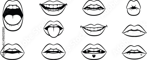 expressive mouth and lip illustrations in black and white