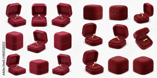 Set of red velvet jewelry boxes with engagement rings, isolated on transparent background.