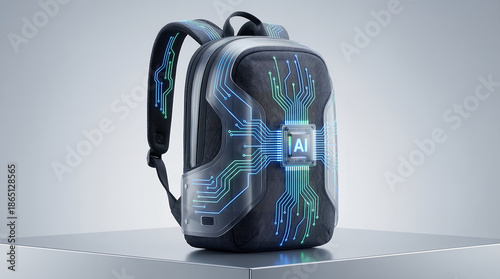 modern backpack with integrated ai chip and glowing blue green circuit lines