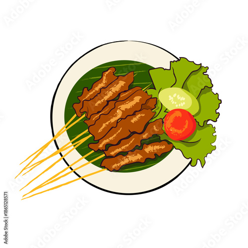 Indonesian Chicken Satay with Peanut Sauce Vector Illustration
