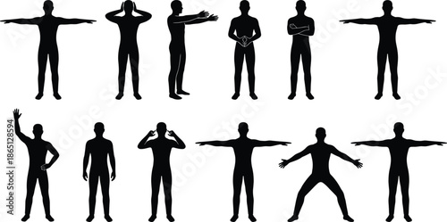 Male human silhouette gesture pose set showing arms extended thinking confident power stances isolated black figures on white background