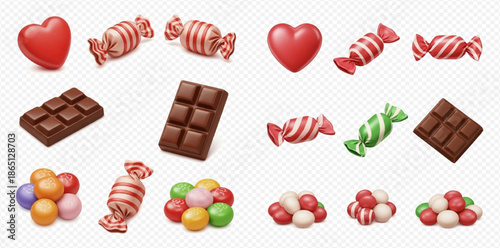 Set of realistic 3D rendered candies, chocolate bars, and heart-shaped sweets on a transparent background.