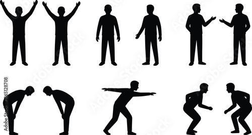 Male silhouettes set showing standing talking bending and action poses, human body language gestures isolated on white background vector