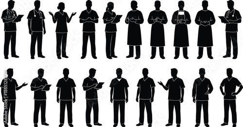 Medical staff silhouettes standing and working, doctors and nurses team poses, healthcare professionals collection isolated on white background vector