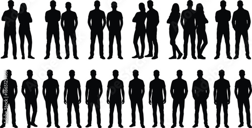 Standing people silhouette collection showing men women groups teamwork diversity social interaction isolated black human figures on white background set