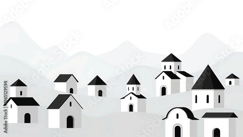 Minimalist illustration of a village nestled in mountains, with monochromatic palette, featuring geometric houses. Monochrome landscape with abstract hills