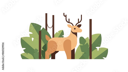 Illustration of a deer in a simplified forest with green leaves and brown trees, set against a stark white backdrop