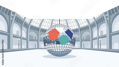Illustration of a disco ball hanging in an architectural space. Four colored shapes are on the ball. The building features arched windows