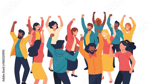 Illustration of a diverse group of people celebrating with arms raised. Rendered with flat vector style, displaying various skin tones and attire