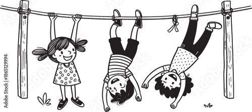 Group of joyful kids playing on clothesline equipment in park making fun memories together drawing