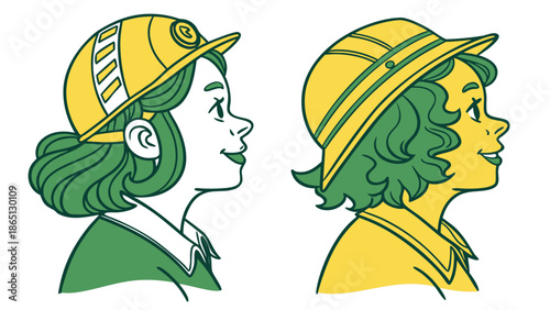 Vector image of green and yellow wigs with illustrated texture, professional cartoon style, isolated on white background.