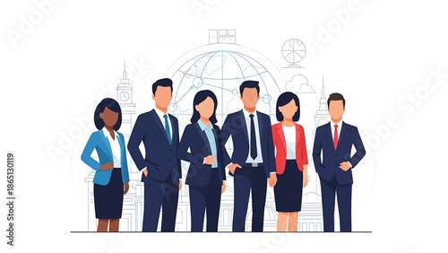 Illustration of a diverse group of professionals in suits, standing in front of a city skyline outline with a globe and building elements