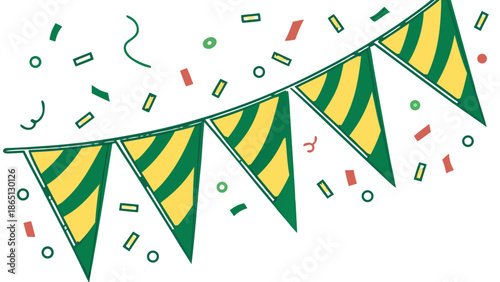 Vector image of green and yellow flags waving with confetti, modern flat style, vibrant colors, transparent background.