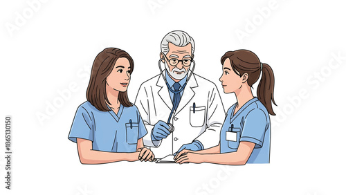 Illustration of a doctor and two nurses discussing medical information, the doctor is using a stethoscope