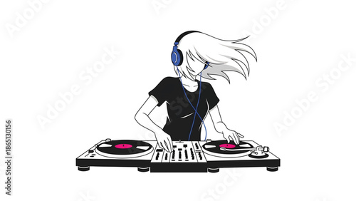 Illustration of a DJ with long white hair, a black tee, and blue headphones, mixing music on a turntable setup