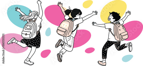 Students with backpacks running and jumping towards school with colorful circles background design