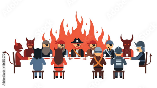 Illustration shows a gathering of various characters around a table. A flame rises behind them. Some wear horns, hats, and eye patches. They sit at a long table