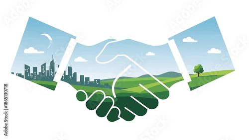 Illustration symbolizing an agreement. Handshake combines urban skyline and rural landscape, promoting nature conservation