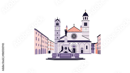 Illustration shows a stylized cathedral with two towers, fountain, and buildings on a white background