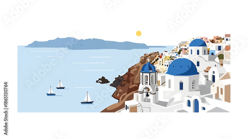 Illustrative Santorini view with white buildings, blue domes, and sailboats on blue water against a sunny sky