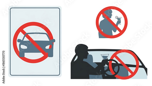 Illustrations depict driving and alcohol prohibition. A sign shows no cars. Two other images portray alcohol use restrictions