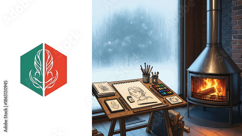 Interior illustration depicts a drawing table with a sketch, brushes, and paints next to a window. A fireplace glows next to it