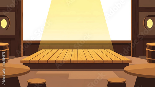 Interior illustration of a rustic venue featuring a wooden stage under a spotlight. Round tables with stools, barrels, and walls