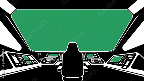 Interior view of a vessel cockpit with a black silhouette of a pilot seat, green viewport with textured background. Dashboard consoles are white
