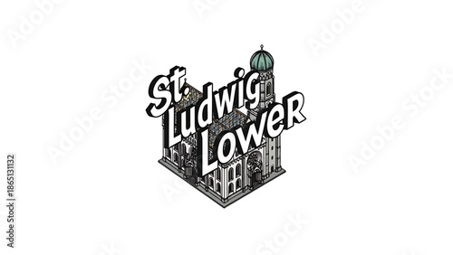 Isometric drawing of an ornate building with a large dome, multiple windows, and a textual overlay. The illustration is black and white