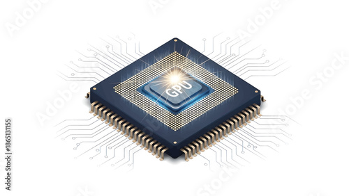 Isometric illustration of a computer processor, showing a central processing unit (CPU) or graphics processing unit (GPU), and circuit pathways. It is a digital, abstract representation