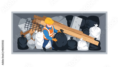 Illustration of a worker inside a container filled with debris and garbage bags. The worker is wearing a safety vest and hard hat