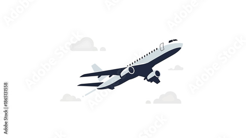 Illustration of an aircraft taking off in a simple style, with clouds in the background, showing a dynamic upward movement