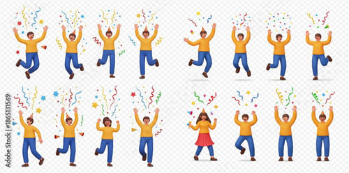 Set of diverse happy people celebrating with confetti, expressing joy and success in various poses.