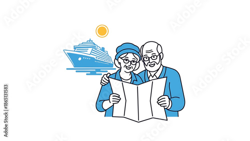 Illustration of an elderly couple wearing glasses, hugging and reviewing a map, with a cruise ship and sun in the background