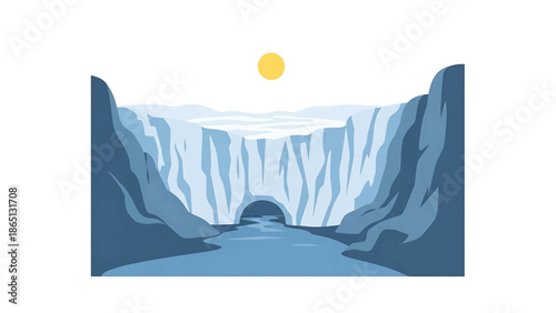 Illustration of a glacier cave, a river flowing through it. A yellow sun shines above the cave. Cliffs in the background