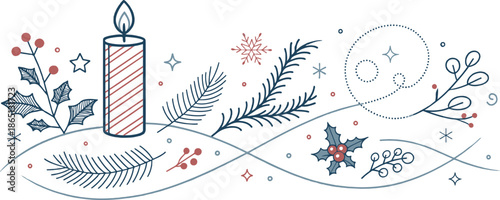 Christmas candle with holly berries fir branches and delicate swirling holiday festive decor