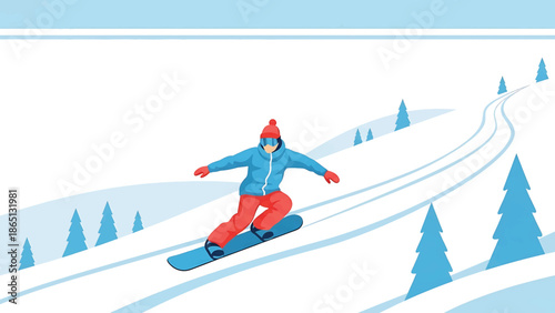 Illustration of a snowboarder carving down a snowy mountain. The person wears a red hat, blue jacket, and red pants. Fir trees line the slope