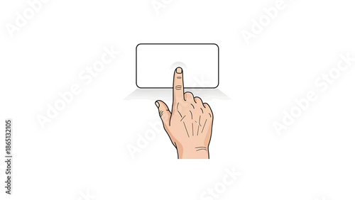 Illustration of a hand interacting with a rectangular device. A finger presses the center. The hand is angled with some shadows
